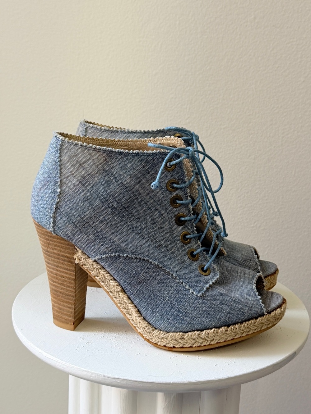 Stuart Weitzman Light Blue Lace-Up Peep Toe Espadrille Wedges - Women's